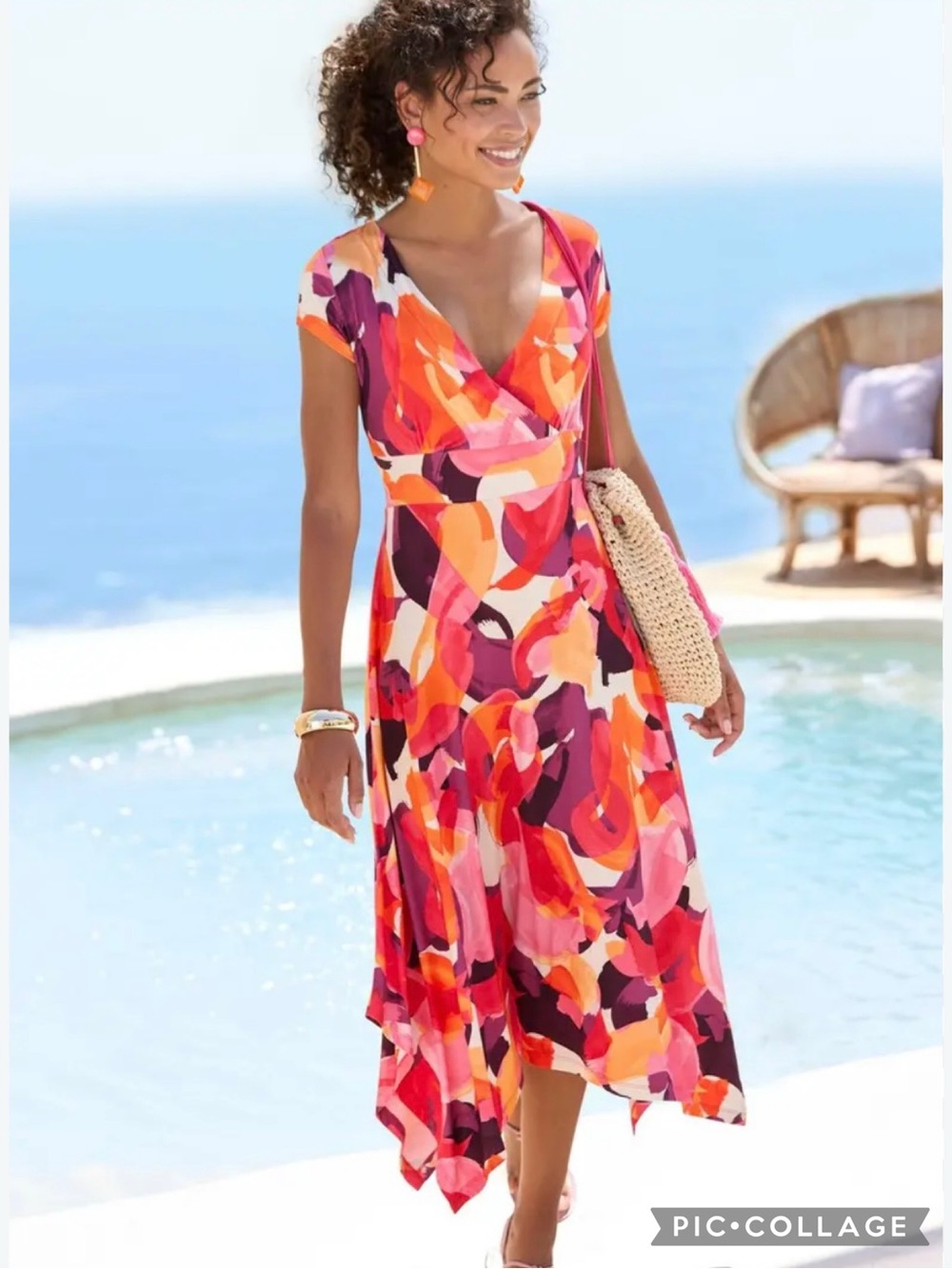 Lascana Midi Dress Hankerchief Hem Abstract Print Pink Multicolor 10 NWT